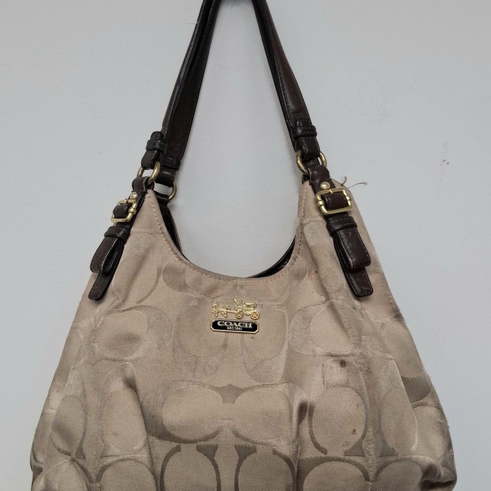 Coach y2k  Beige Signature Shoulder Bag with Dark Brown Straps